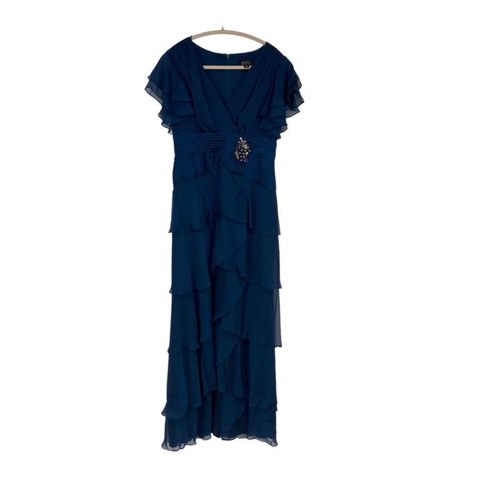 *Adrianna Papell Occ 6 Teal chiffon Ruffled Gown Flutter Sleeves Beaded Detail - Picture 2 of 12